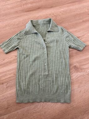Light Sage Green Ribbed Button Polo Top